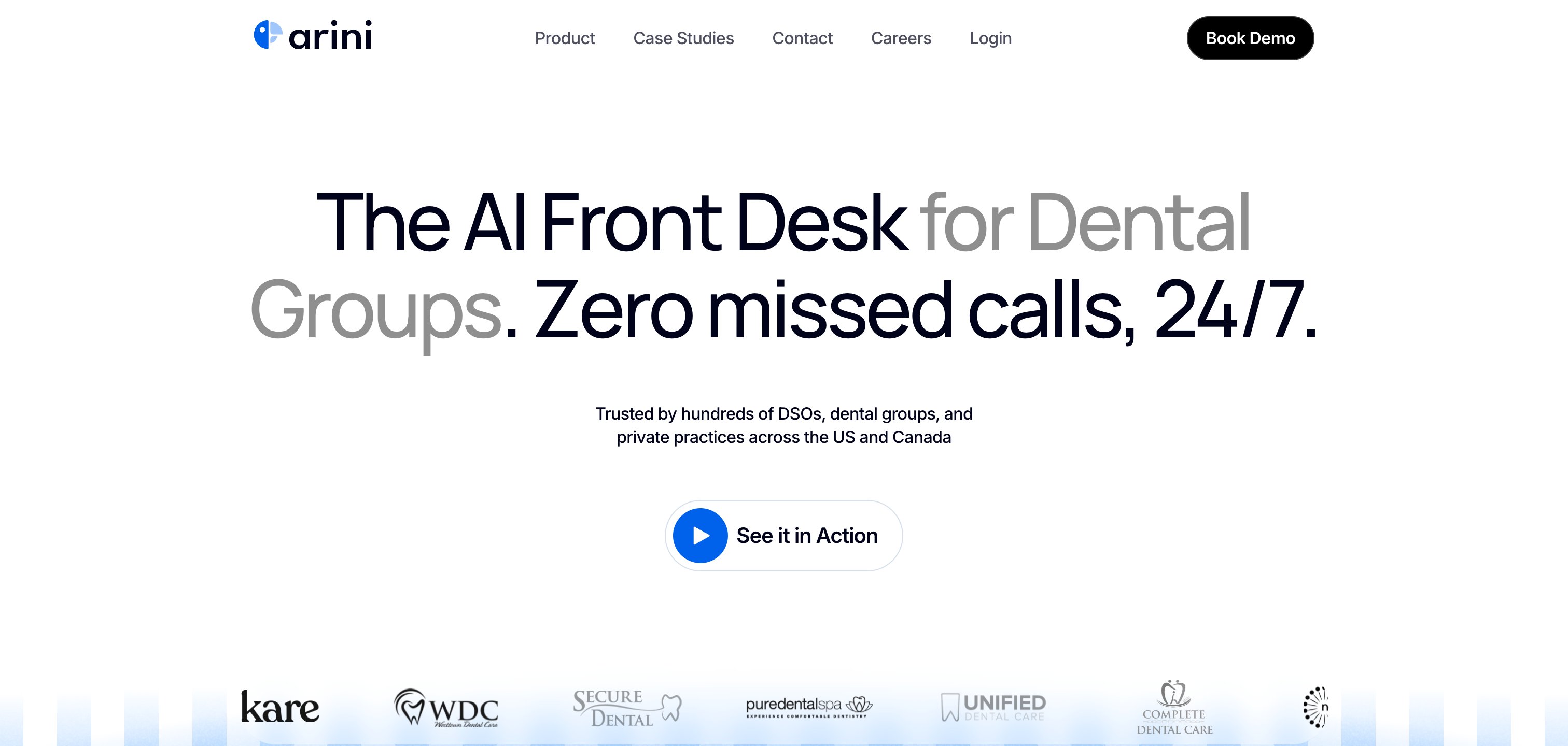 Arini homepage — the AI front desk for dental groups