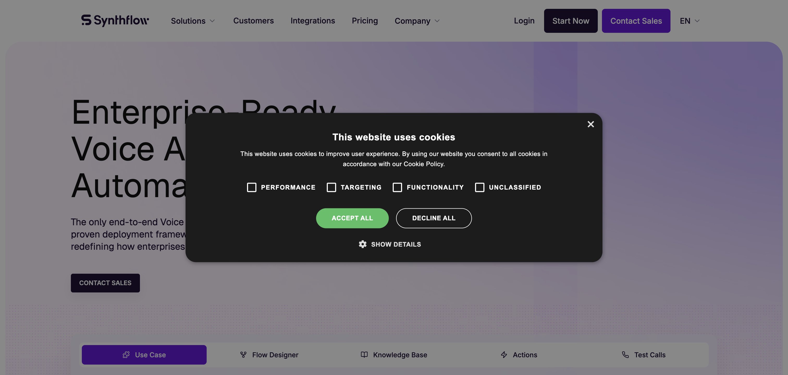 Synthflow homepage β enterprise-ready voice AI agents