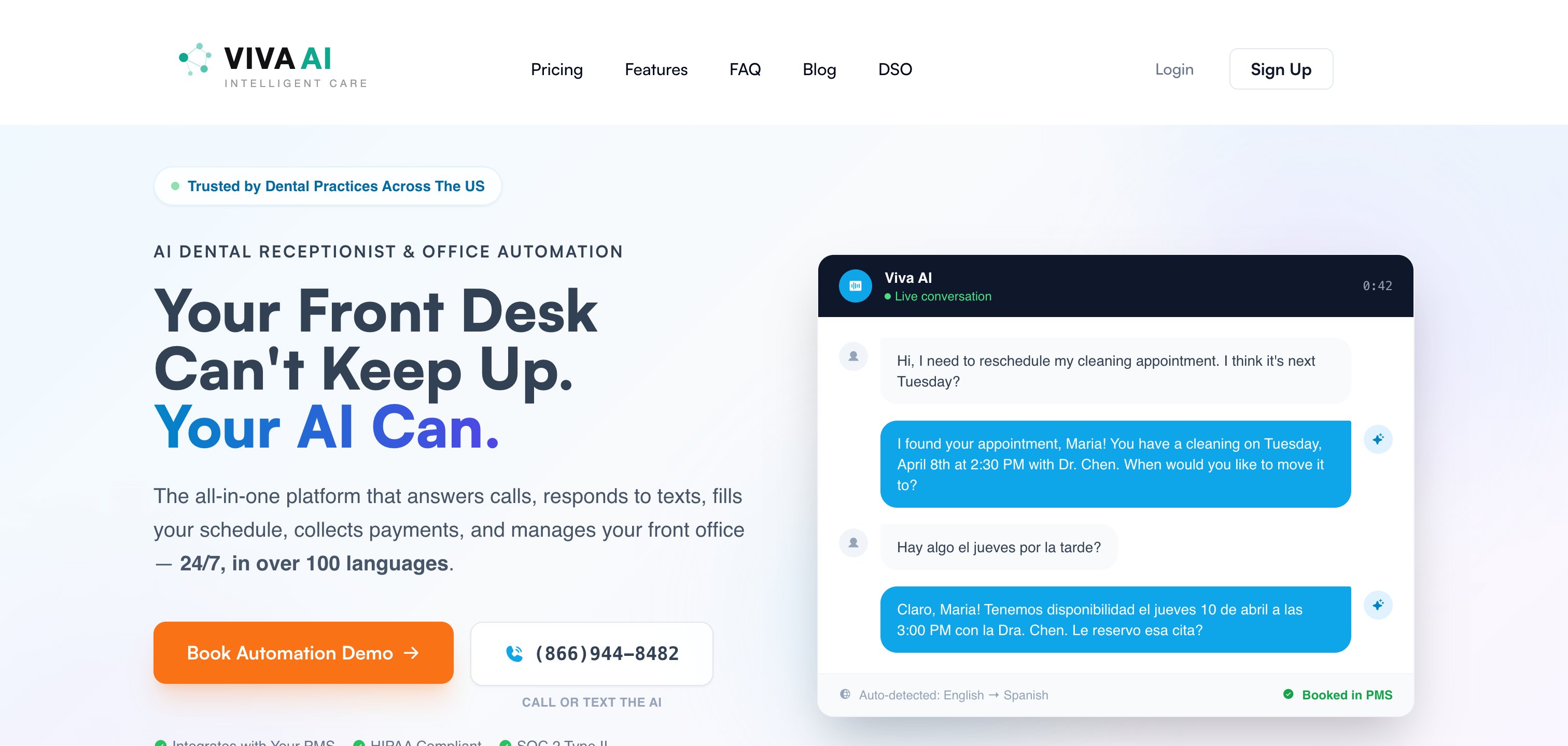 Viva AI homepage — your front desk can't keep up, your AI can